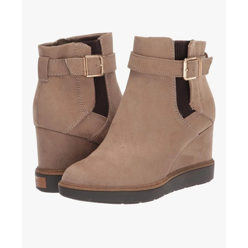 Dr Scholl's Classic Ripple Buckle Wedge Boots Booties - 10 M Khaki Tan Beige